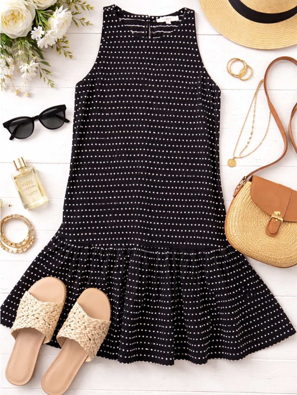 LOFT Textured Polka Dot Swing Dress Medium Tall Black Drop Waist